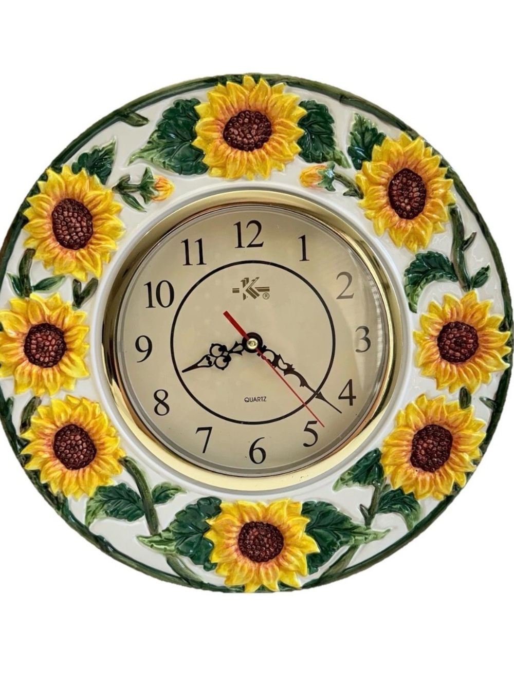 Vintage Sunflower Ceramic Wall Clock Hand Painted Farmhouse Cottage Decor 13”